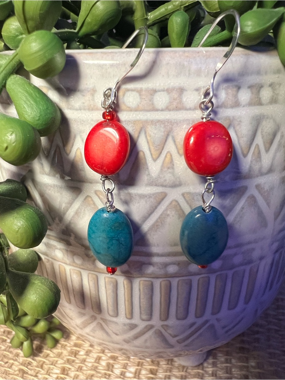 Handmade Red and Teal Dangle Earrings - Women Jewelry